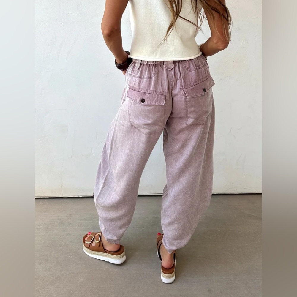 NWT Bluevelvet Cargo Pocket Tencel Side Ruched Mauve Cropped Pants - Picture 6 of 10